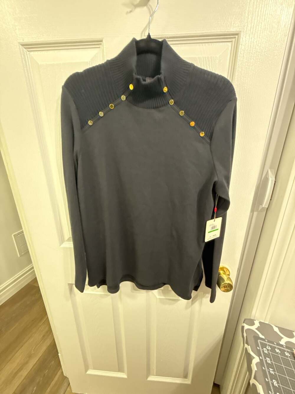 Rafaella Black Mock Neck Sweater with Gold Button Shoulder Detail